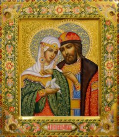 Рукописная икона Петр и Феврония с херувимами №100 (Размер 27х31 см)