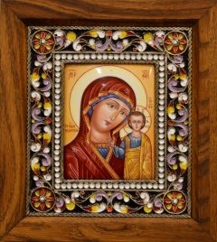 Рукописная икона из финифти Казанская №143 (Размер 16х18 см)