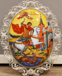 Рукописная икона из финифти Чудо Георгия о змие №67 (Размер 9х10.5 см)