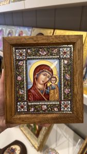Рукописная икона из финифти Казанская 4 (Размер 16х18 см)