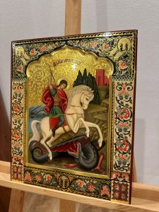Рукописная икона Чудо Георгия о змие №76 (Размер 30х36 см)