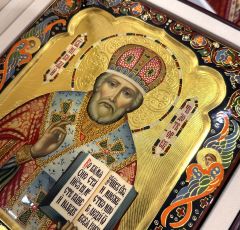 Рукописная икона Николай Чудотворец с херувимами №142 