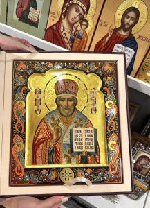 Рукописная икона Николай Чудотворец с херувимами №142 